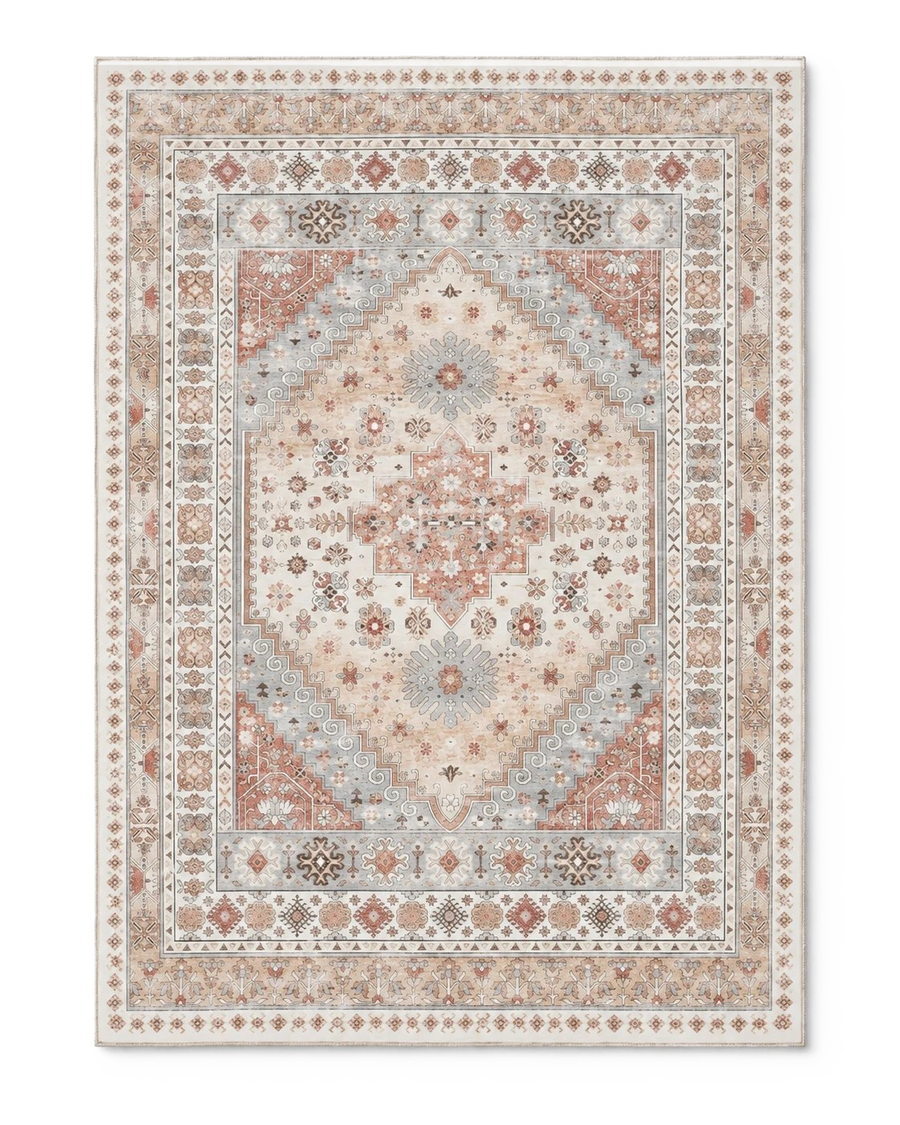 Tapis persan vintage beige et terracotta, vue à plat