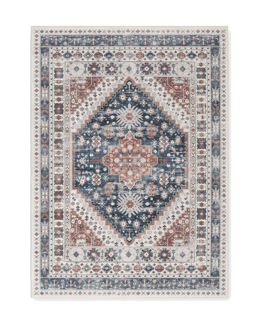 Tapis persan vintage bleu et terracotta, vue à plat