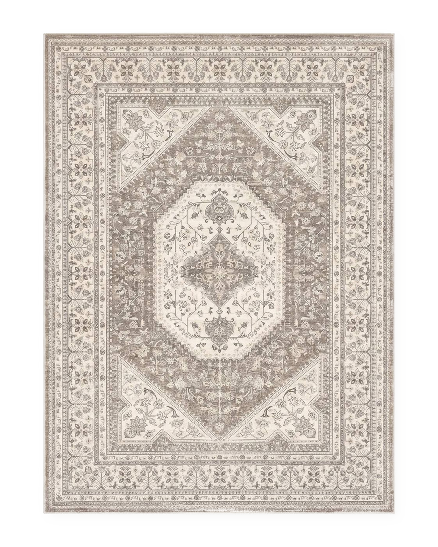 Tapis persan vintage beige et gris, vue à plat