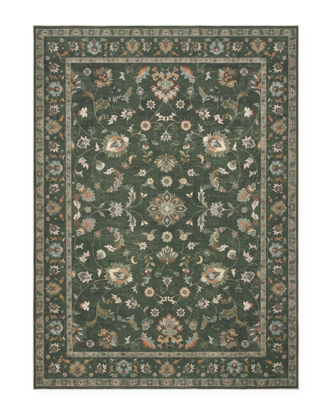 Tapis persan vintage vert olive, vue à plat