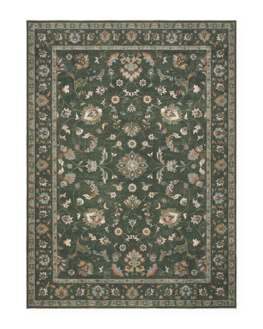Tapis persan vintage vert olive, vue à plat
