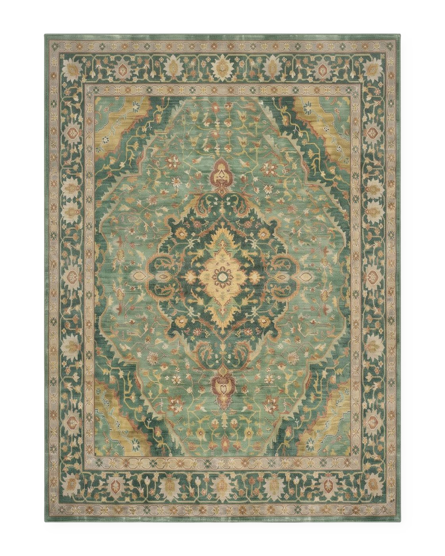 Tapis persan vintage vert sauge, vue à plat